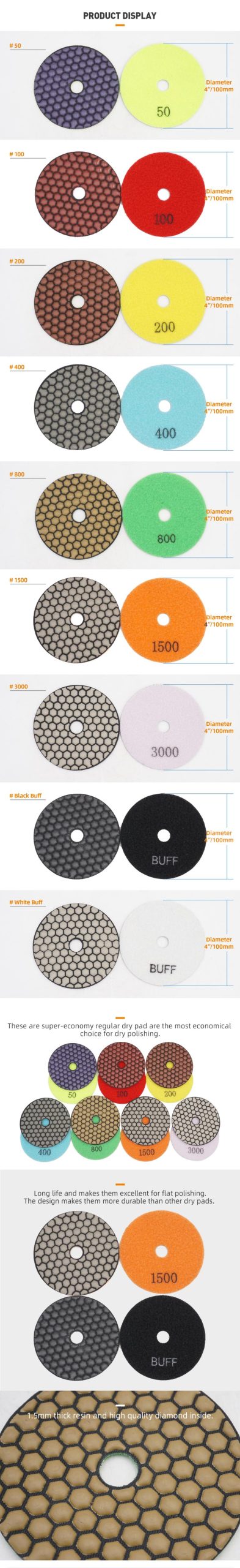 BEE dry polishing pads for stone