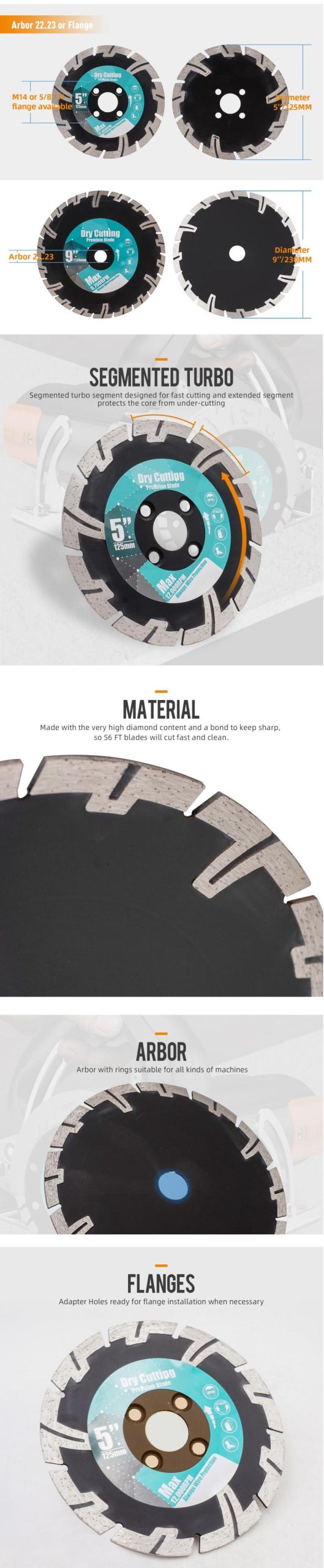 premium S6 FT diamond turbo saw blade for dry cutting granite