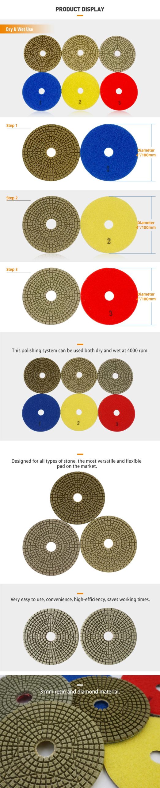 100mm Str dry wet diamond polishing pads for stone